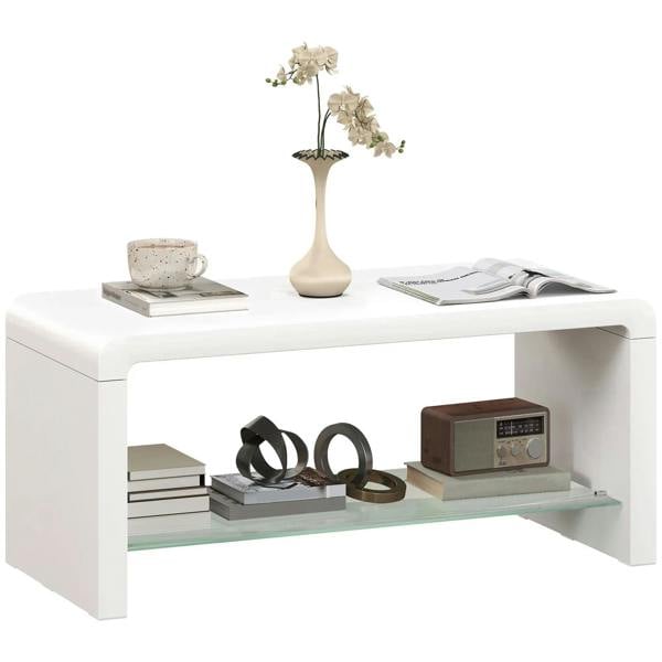 High-gloss white curved two-tier coffee table with glass lower shelf and top surface