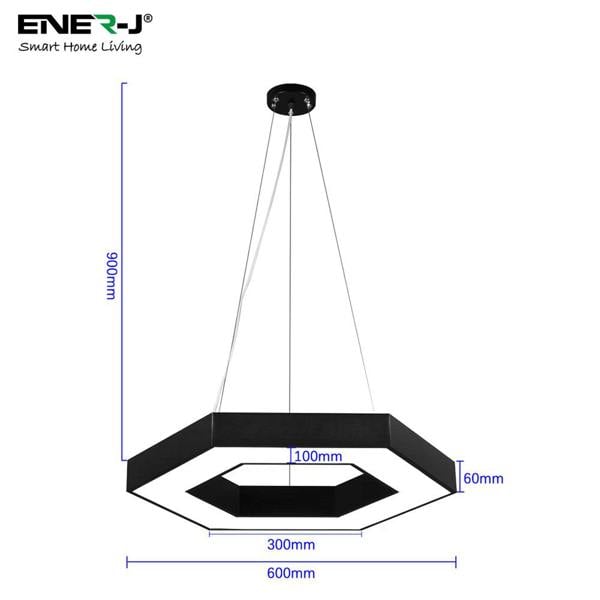 ENER-J HexaGlow Hollow Hexagon LED Light, 25â 50W, Remote Control, 3000Kâ 6500K CCT, Ceiling or Hanging Installation, Black Finish, 600mm