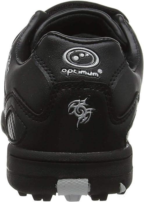 Black Optimum Razor astro trainer rear heel view with silver logo and tribal graphic, on white - Optimum