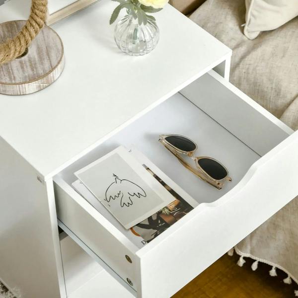 White bedside cabinet with open drawer compartment for storage and black pull handles
