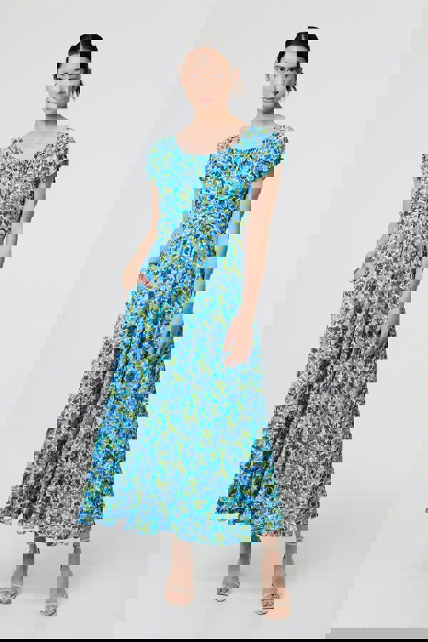 Blue | Ditsy Floral Bardot Smock Midi Dress
