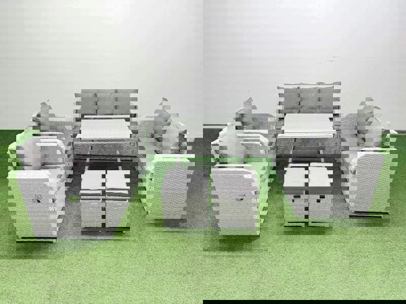 Fimous PE Rattan Garden Furniture Set Outdoor Rectangular Dining Table Sofa Set with Reclining Chair 2 Small Stool Light Grey