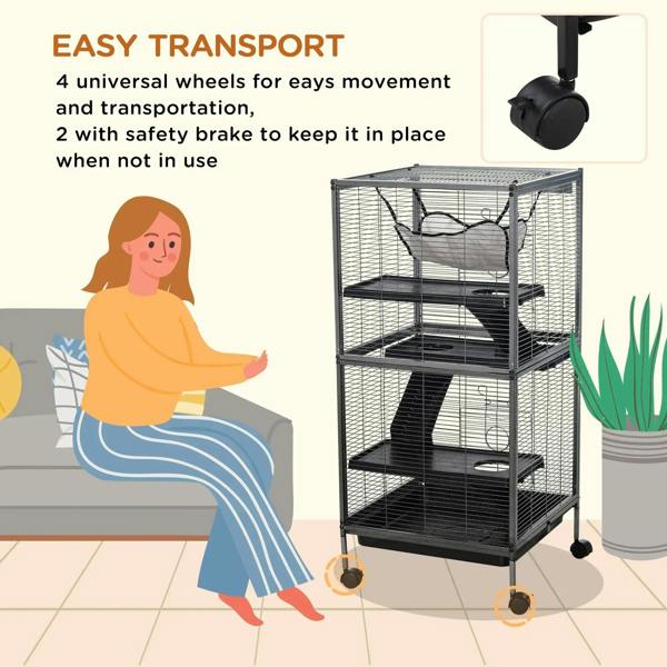Silver small animal cage on 4 caster wheels with hammock and stacked platforms