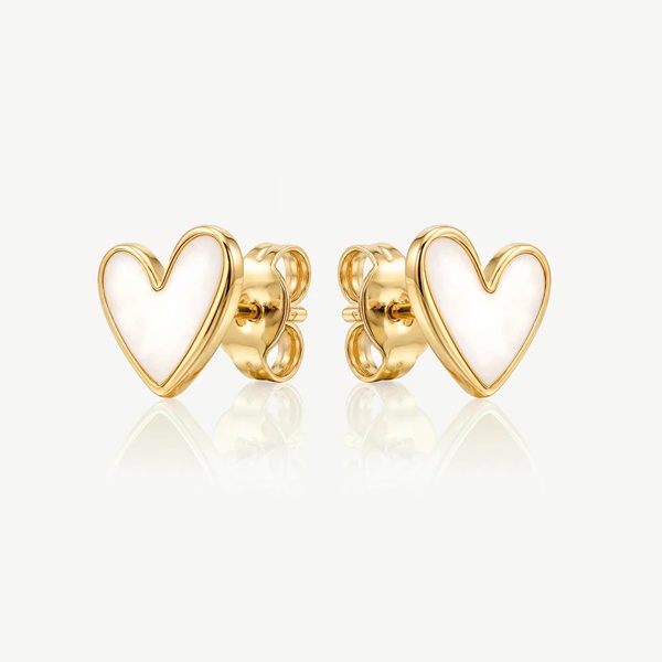 White Enamel Heart Stud Earrings in Gold