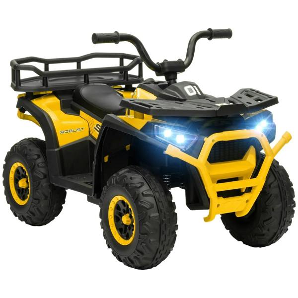 Yellow and black kids electric ride-on ATV with lighted headlights and front cargo basket