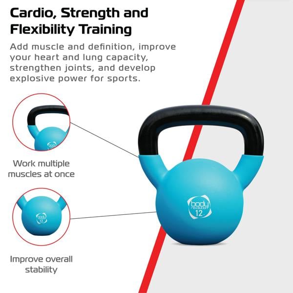 Bright blue 12kg neoprene kettlebell with a sturdy black handle, designed for strength training and improving overall stability