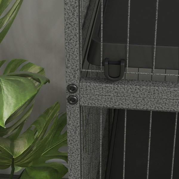 Grey wire cage side panel with black door latch handle.