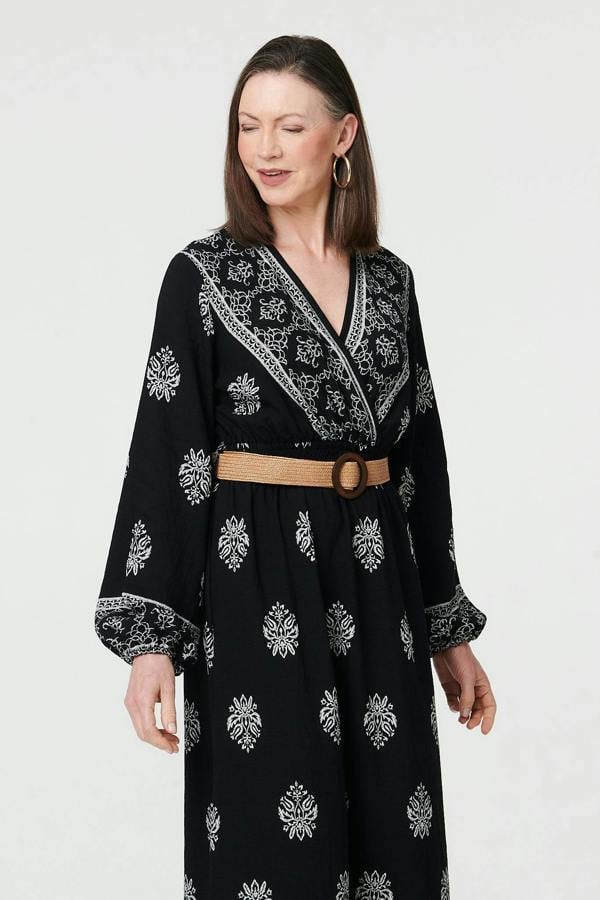 Black | Border Print Belt Waist Maxi Dress