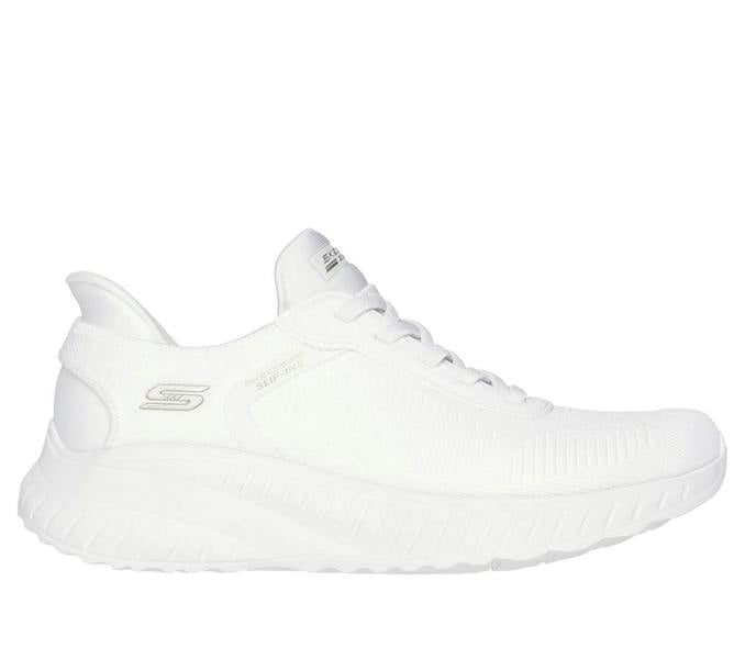 Skechers BOBS Sport Squad Chaos Womens Slip-Ins Sports Shoe Trainers, white athletic slip-in sneakers with breathable fabric and cushioned sole.