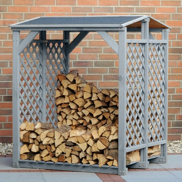 Promex DOUBLE Wooden Log Storage Rack Shed - Grey Wood Rack Firewood Storage Shed with Felt Roof