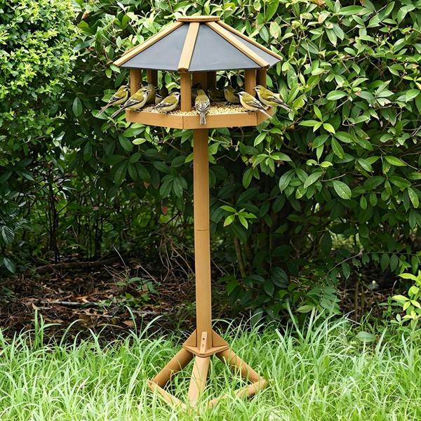 Gr8 Garden Hexagonal Wooden Bird Feeding Station Table with Roof Outdoor Garden Bird Feeder Stand