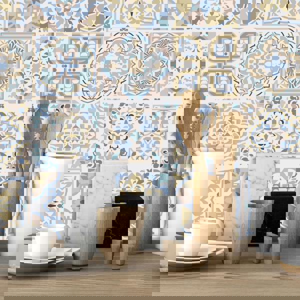 WT1544 - Light Sapphire and Parchment colour Traditional Spanish Tiles Wall Stickers - 15 cm x 15 cm - 24 pcs