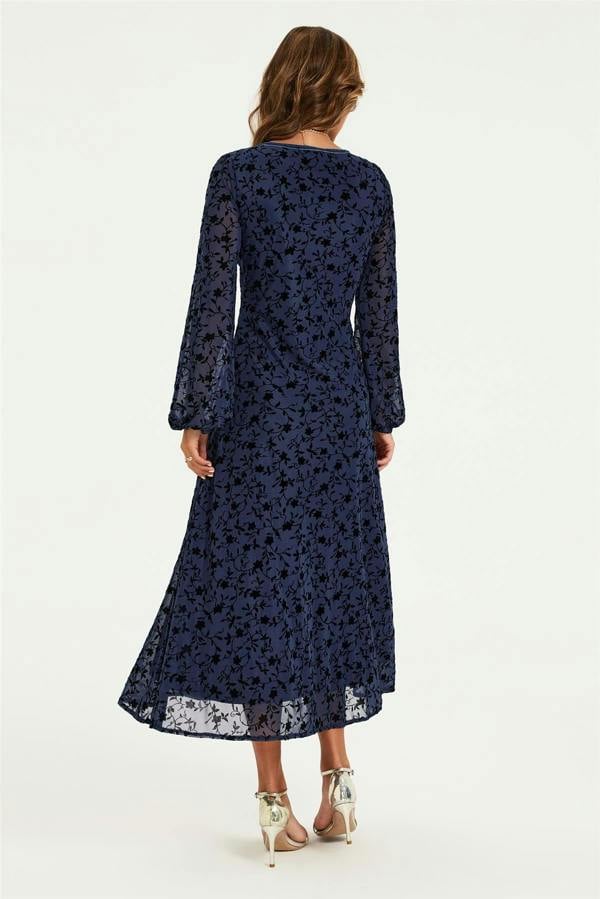 FS Collection Floral Velvet Devore V Neckline Midi Dress In Navy