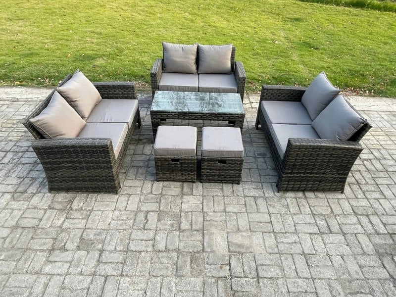 Fimous Outdoor U Shape Sofa Set Wicker PE Rattan Garden Furniture Set with Coffee Table Double Seat Sofa 2 Small Footstools Dark Grey Mixed