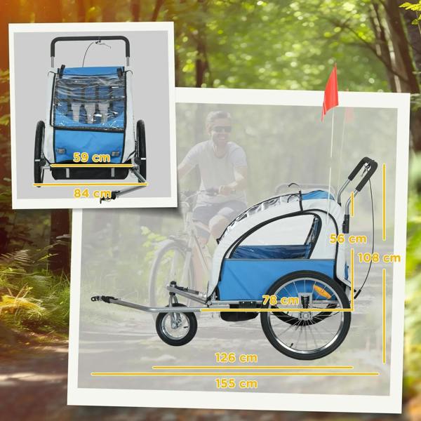 Blue two-seat bike trailer side view with safety flag and canopy