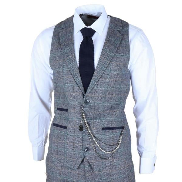Infinity Leather Men's Light Blue Grey Check Tweed 3-Piece Suit Vintage Pattern Tailored Fit Woollen Suit