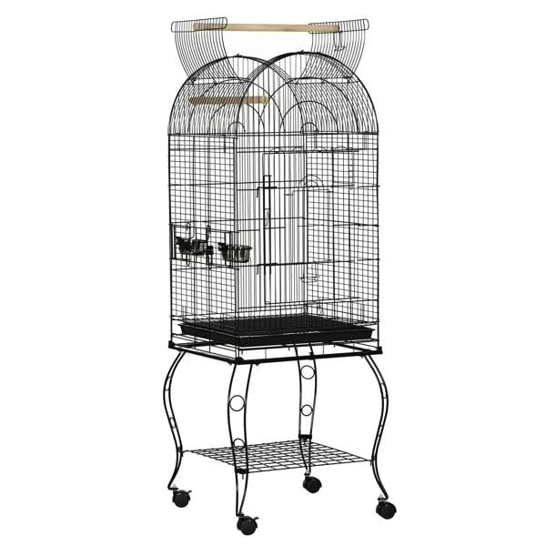 Black wire bird cage with arched top, doors, and multiple perches