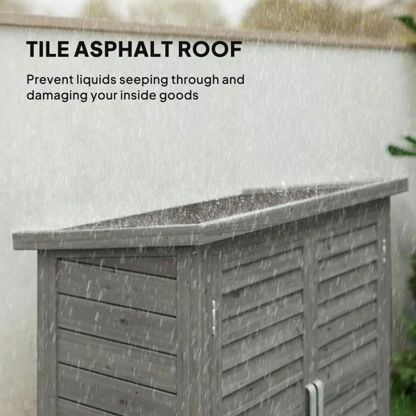 Grey wooden shed with overhanging roof edge and slatted door front