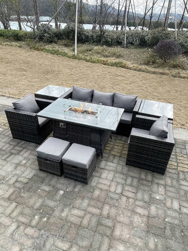 Fimous Outdoor PE Rattan Garden Furniture Gas Fire Pit Dining Table Armchairs With 2 Side Coffee Table Stools Dark Grey Mixed