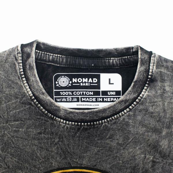 Charcoal T-shirt neckline with interior label, “100% COTTON” and size L