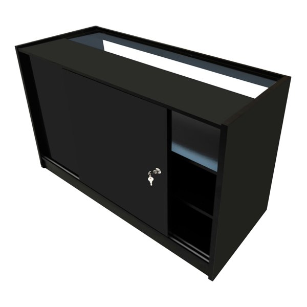 Sleek black LED retail shop counter B1500 with sliding door, glass display top, and side storage shelves for organized displays
