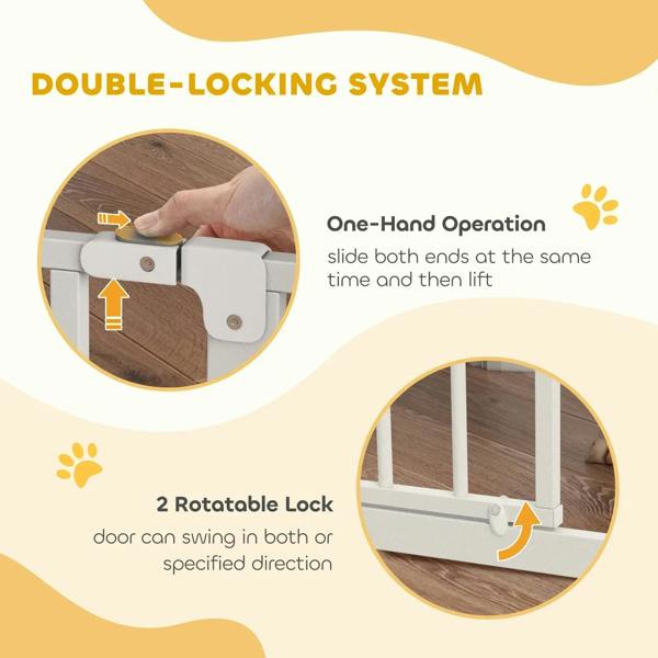 White dog safety gate double-locking system feature illustration