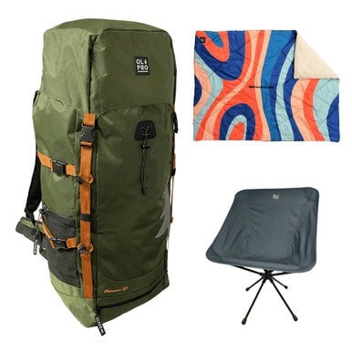 OLPRO 80L Rucksack | Rotating Ultralight Chair Relax | Insulated Blanko - Festival Essentials Bundle