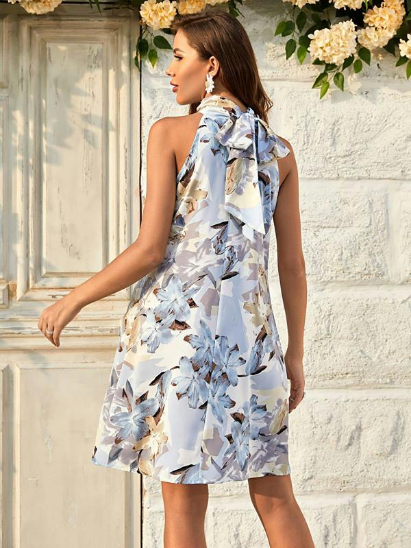 FS Collection Floral Print Halter Neck Tie Back Mini Dress In Blue