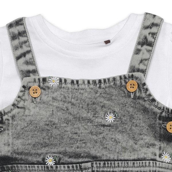 Mini Cuddles Baby Girls Daisy Embroidered Denim Pinny Set, Grey