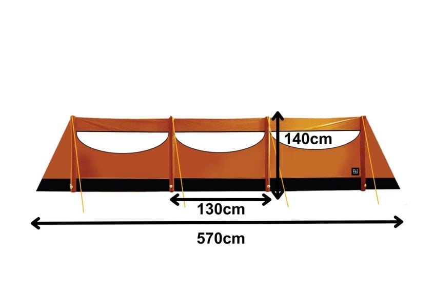 The OLPRO Inflatable Orange Windbreak infographic depicting the dimensions of the windbreak.