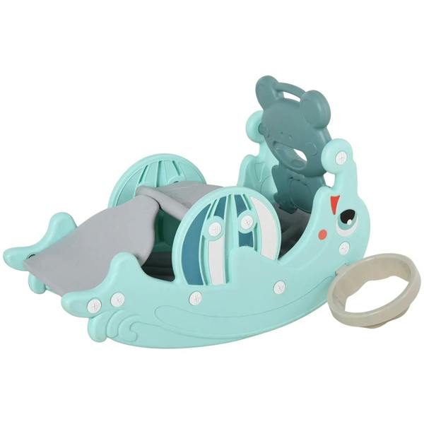 Teal rocking horse slide with basketball hoop cup detail, rounded gray base, side view