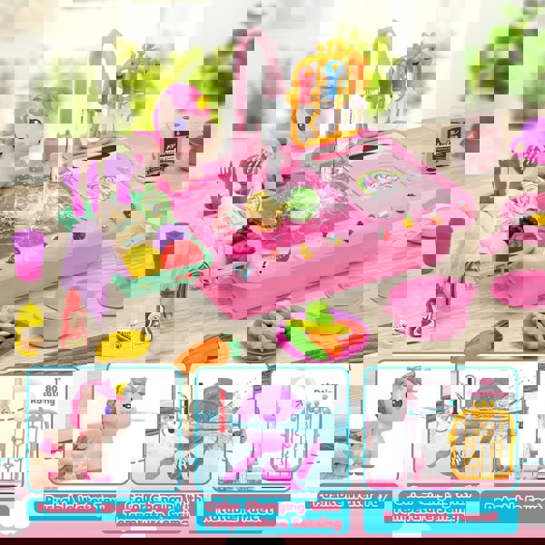 deAO Toys Unicorn Kitchen Sink Playset – Pretend Food, Cookware, Hanging Rack & Storage. Fun Role-Play Toy for Kids