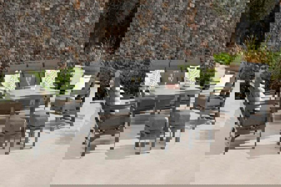 Rosario 5 Seater Garden Dining Set – Black Aluminium & Charcoal Cushions The Garden Furniture Shop