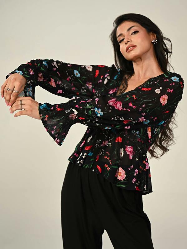 Rose & Nancy Juliette Black Floral Lace Trim Blouse