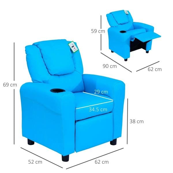 Blue kids recliner chair with padded headrest and extended footrest for recline