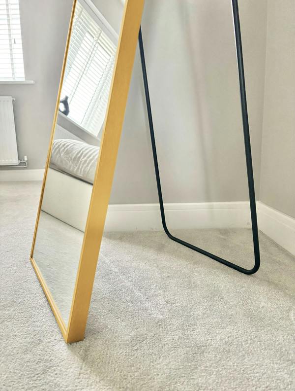 Downton Interiors Stunning Gold Arched Metal Frame Wall or Floor Standing Dressing Mirror 145cm x 45cm - Soho Collection