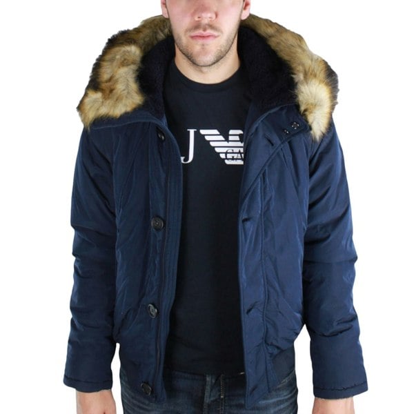 Armani Jeans Navy Blue Fur Trimmed Hood Jacket