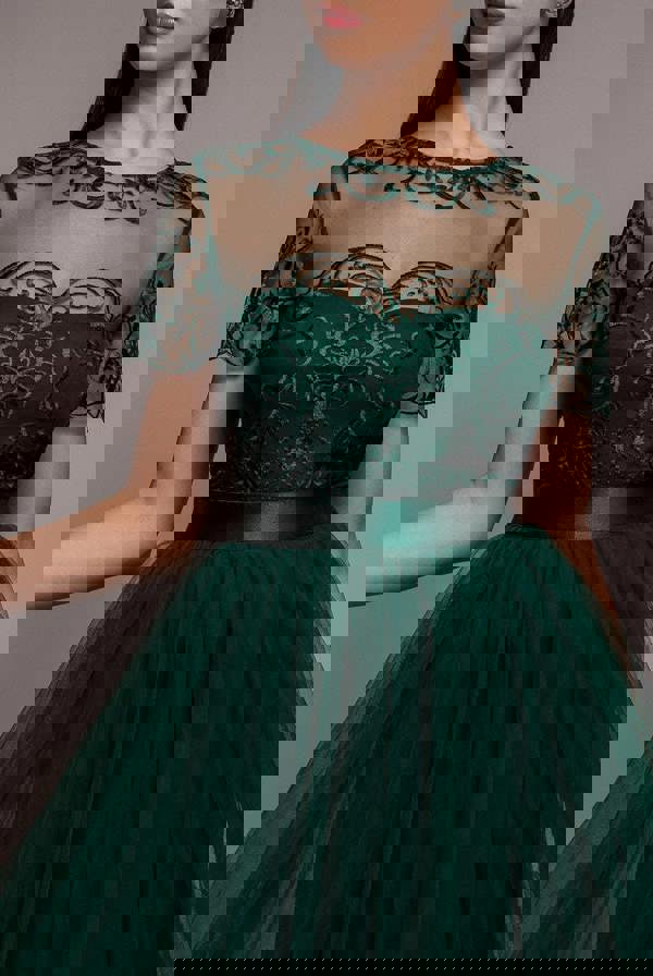 Embroidered Mesh Maxi Dress - Emerald Green DR3584