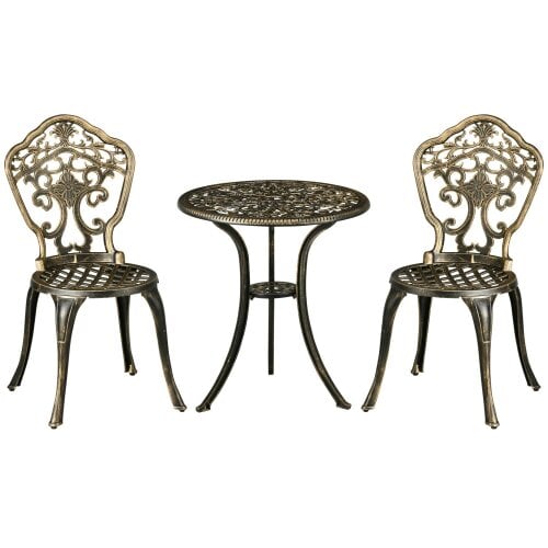 Wyld Haus Bava Cast Aluminium Bronze 3 Piece Garden Bistro Set With Parasol Hole Round Table