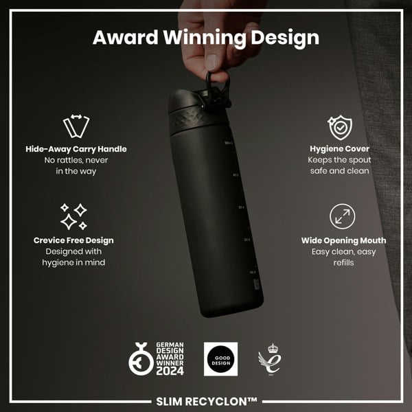 A black water bottle is being held; it features a hide-away handle, hygiene cover, and wide mouth. Award-winning design details are highlighted, including 2024 German Design Award and Good Design awards.