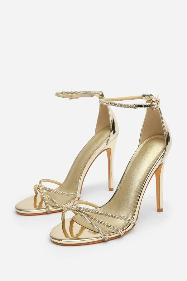 Where's That From Rose Stiletto High Heels With Rhinestone Strap in Gold Chrome