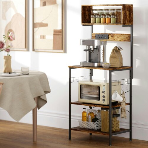 Wyld Haus Raco Kale Wooden Rustic Brown Bakers Rack With Power Outlet USB Charging And Adjustable Shelves
