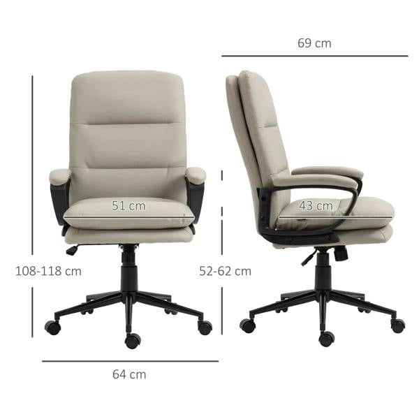 Light grey office chair shown with size measurements for seat and armrest