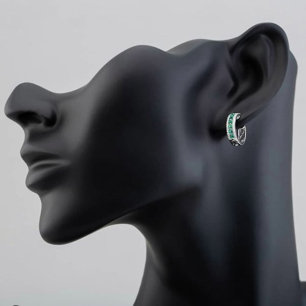 T. H. Baker 9ct White Gold Emerald and Diamond Three Row Hoop Earrings PE04865 EM