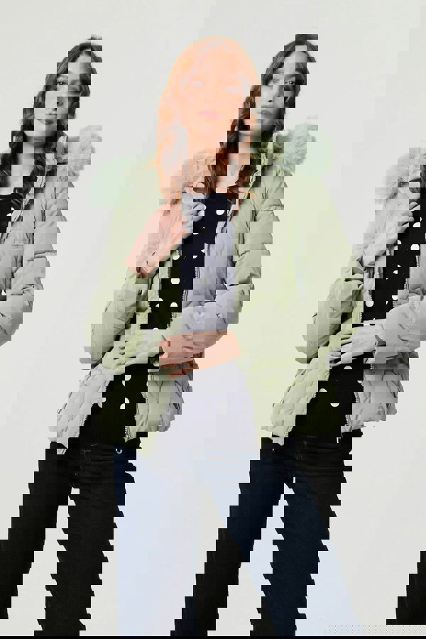 Green | Faux Fur Trim Hooded Zip-Up Jacket
