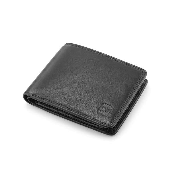 Black leather wallet with a square emblem on a white background