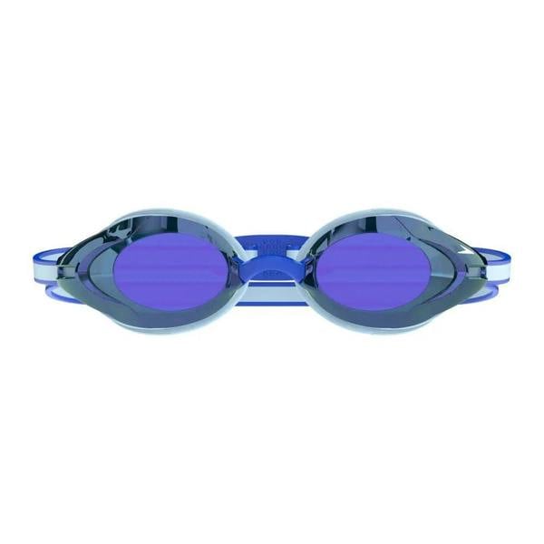 Speedo Vanquisher 3.0 mirrored swim goggle with blue silver frame and purple lenses