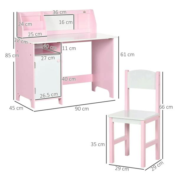 Kids desk and chair set with pink body, white cabinet doors and side chair