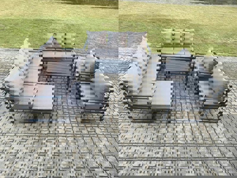 Fimous Aluminium Outdoor Garden Furniture Set 9 Seater Garden Sofa with Oblong Coffee Table Big Footstool Dark Grey