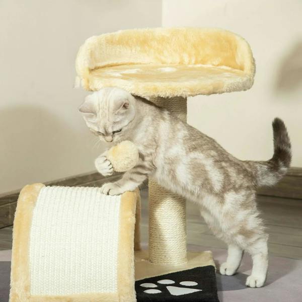 Beige cat tree with plush top perch, sisal post, and hanging ball during play